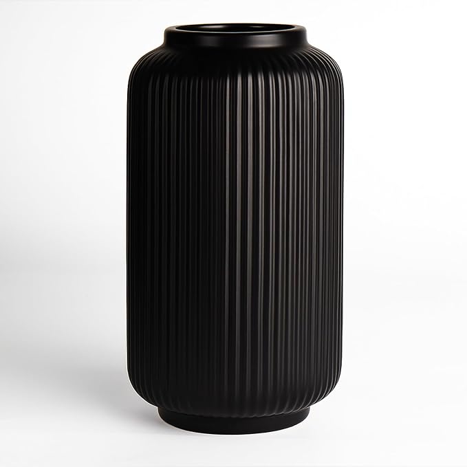 Black Ceramic Vase, 8 Inch Ribbed Flower Vase for Bouquet and Pampas Grass, Modern Wide Mouth Decorative Vase for Dining Table, Kitchen Shelf, Wedding Centerpiece