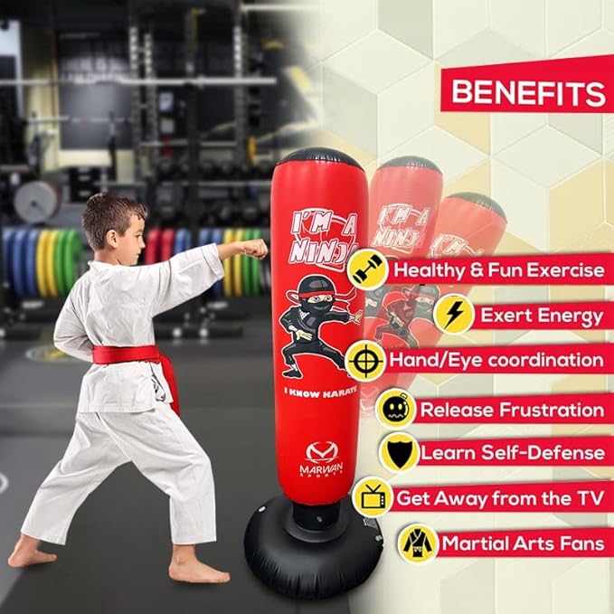 Marwan Sports 5-in-1 Inflatable Punching Bag for Kids – 63" Karate Toy Set with Boxing Gloves, Durable Fast Rebound, Active Play Christmas/Birthday Gift for Boys & Girls Ages 4-12
