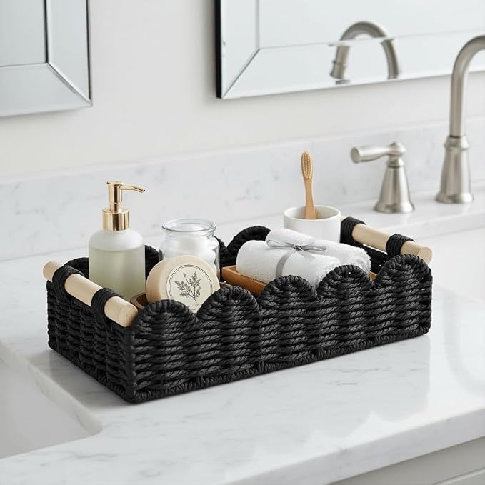 CubesLand Toilet Paper Storage Basket Organizer, Small Wicker Decor Basket | Toilet Tank Top Decorative Basket for Countertop, Handwoven Scalloped Basket W/Handle for Home Decor Living Room, Black