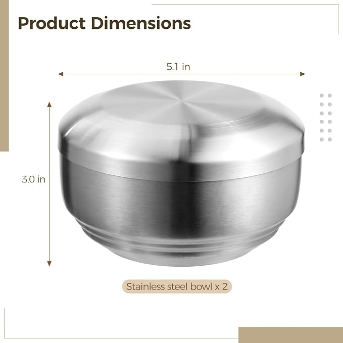 OMISTAR 2 PCS Stainless Steel Rice Bowl with Lid, 5.1 Inch Food Bowls for Korean Kitchen Restaurant, Double-Walled Insulated Metal Bowls, Multi-Purpose Soup Food Bowls Snacks Bowls, 13cm, Silver