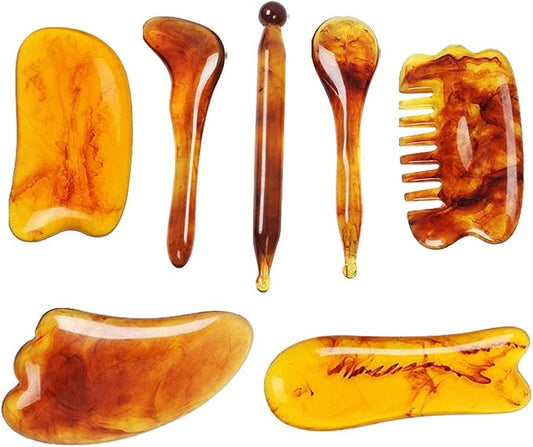 7 Pack Gua Sha Scraping Massage Facial Tools Kit, ResinGuasha Scraper Board Health Care Beauty Scrape Plate with Flax Bag for Face Body Leg Back Care Physical Acupuncture Deep Tissue Therapy (Amber)