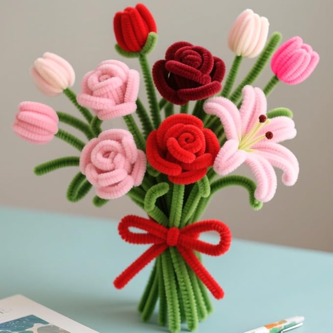 ASTARON 521 Pcs Pipe Cleaners Craft Set, 5 Colors Pipe Cleaners Bulk Pastel Chenille Stems for Craft Pipe Cleaner Flowers Making Kit with Floral Wires, Gardening Tape (Red Pink Series)