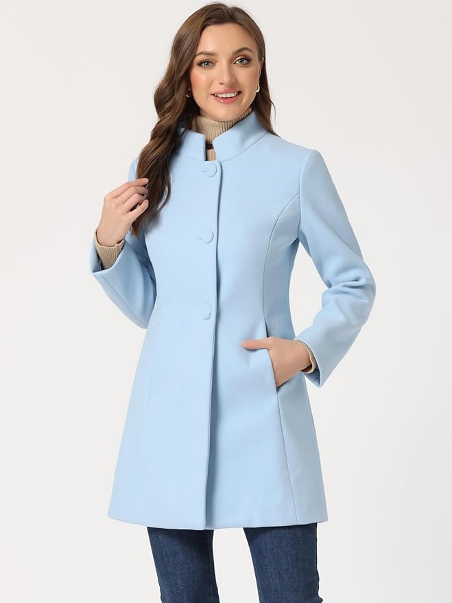 Allegra K Women's Winter Overcoat Mid-Long Stand Collar Single Breasted Coat Outerwear