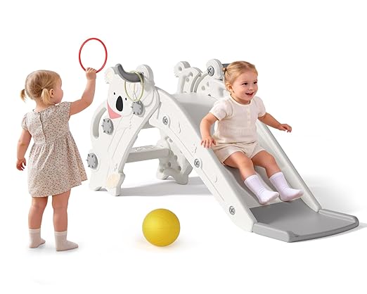 Babytronic Toddler Slide Indoor & Outdoor Playground, 4-in-1 Baby Slide with Climber, Basketball Hoop & Ring Toss, Foldable Freestanding Kids Slide, Climber Playset for Toddlers Ages 1-3, Cream & Gray