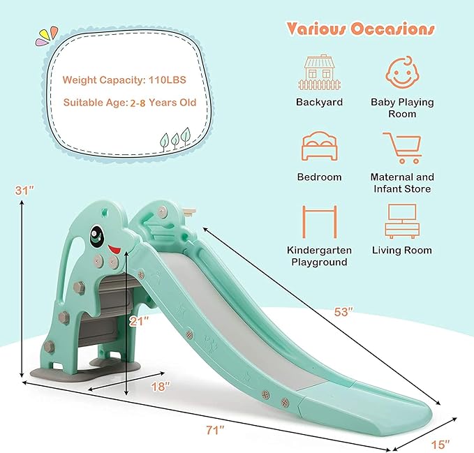 BABY JOY Toddler Slide, Kids Large Slide Play Climber Set with Long Slipping Slope, Basketball Hoop and Ball, Enclosed Steps, Easy Assemble Indoor Outdoor Backyard Freestanding Slides for Kids Age 1-8
