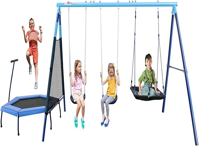 RoyaloveHeavy-Duty Metal Swing Set with 47" Trampoline, 2 Swing Seats & Platform Swings - Outdoor Playset for Kids and Adults, Backyard Playground Equipment