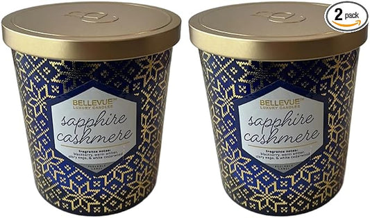 Bellevue Luxury Candles, 12 OZ Fragranced Candle, Soy Blend Wax, Essential Oils, Long-Lasting Burn, Home Fragrances, Aromatherapy Home Scented Candles Scent Sapphire Cashmere Pack of 2