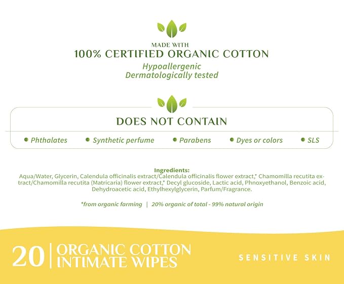 ORGANYC Made with 100% Organic Cotton Feminine Hygiene Wipes, 20-count Packages (Pack of 6)