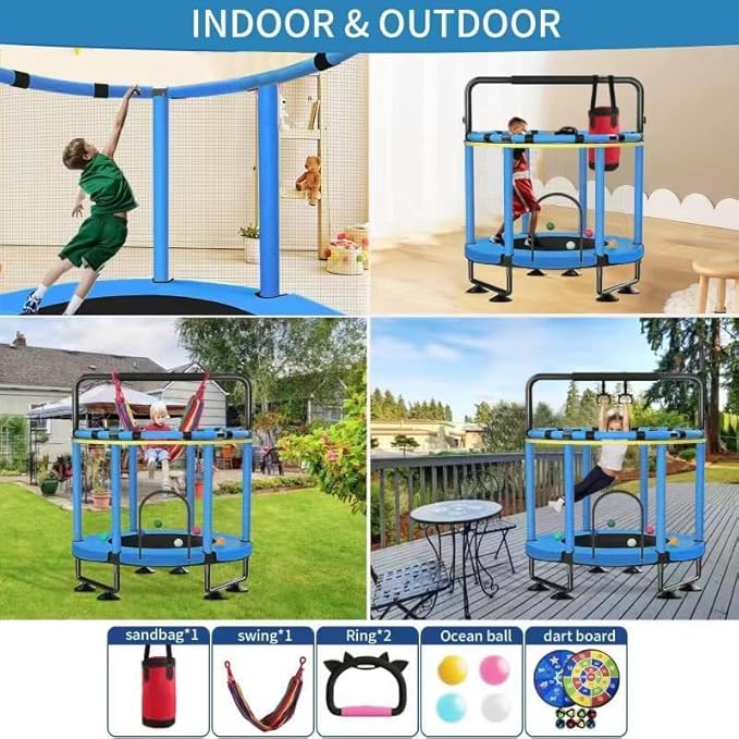 Trampoline for Kids, Upgrade Full Anti-Rust 440lbs Indoor Outdoor Toddler Trampoline with Net, 55" Adjustable Baby Toddler Trampolines Accessories Dart Board