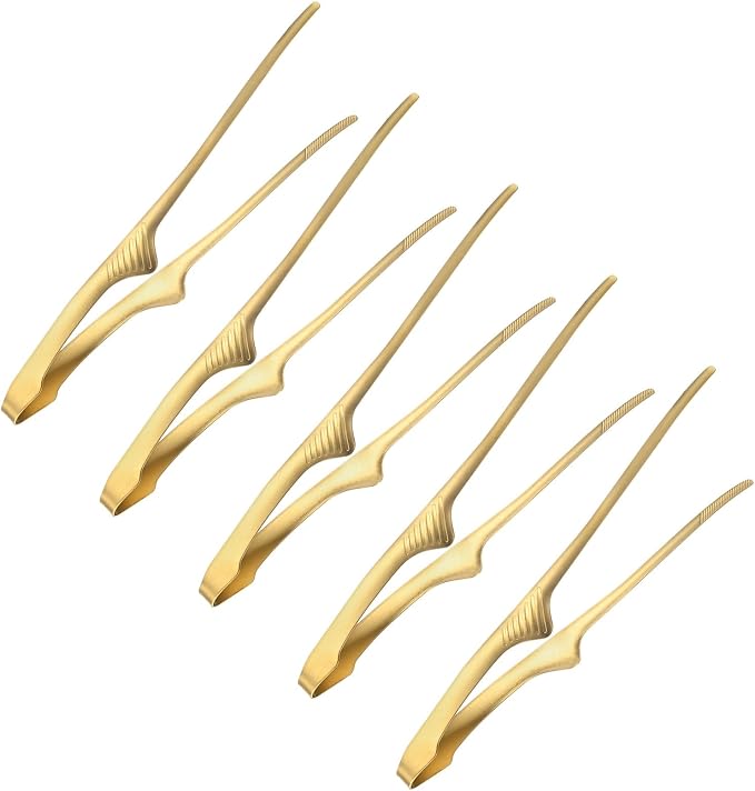 M METERXITY 5 Pcs Korean and Japanese BBQ Tongs 11.2 Inch Barbecue Tongs 430 Stainless Steel Kitchen Self-Standing Grill Non-Slip for Grill/Salad/Camping/Cooking [Gold]
