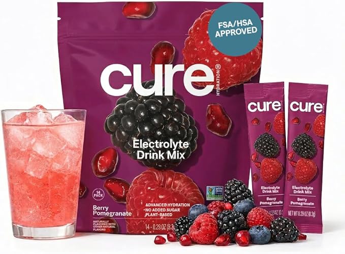 Cure Hydration | Plant-Based Electrolyte Drink Mix | No Added Sugar | FSA-HSA | Dehydration Relief Powder Made with Coconut Water | Non-GMO | Vegan | Pouch of 14 Packets - Berry Pomegranate