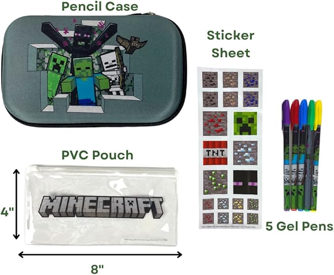 Innovative Designs Minecraft Pencil Case Set with Stickers and Gel Pens for Kids, Molded with Zip Closure