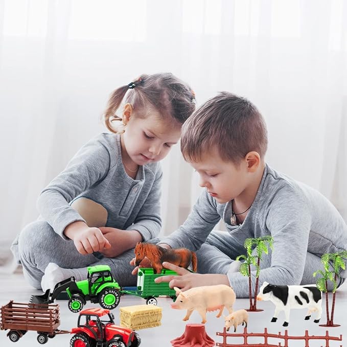 Kimicare 3 Pack Farm Toy Tractor with 40pcs Plastic Farm Animals Figurines and Fence Farm Playset, Farm Figures Farmer Vehicle Toy Truck with Trailer Birthday Gifts Christmas Stocking Stuffers