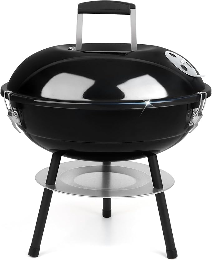 14 inch Charcoal Grill, Joyfair Small Portable Camping BBQ Kettle Grill | Outdoor Mini Barbecue Grill With Locking Lid for Patio/Tabletop/Tailgates Cooking Grilling, Enamel Coated & Dual Vent System