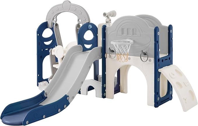 7-in-1 Kids Slide and Swing Set for Age 1-5 with Basketball Hoop Climbing Frame and Telescope,Indoor and Outdoor Playground Birthday Gifts for Boys Girls Grey+Blue