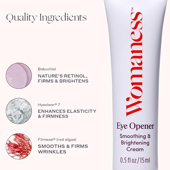 Womaness Eye Opener Under Eye Cream for Puffiness - Fine Lines and Dark Circles - Anti-Aging Treatment with Hyaluronic Acid, Bakuchiol Retinol Alternative and Cooling Applicator - 15ml