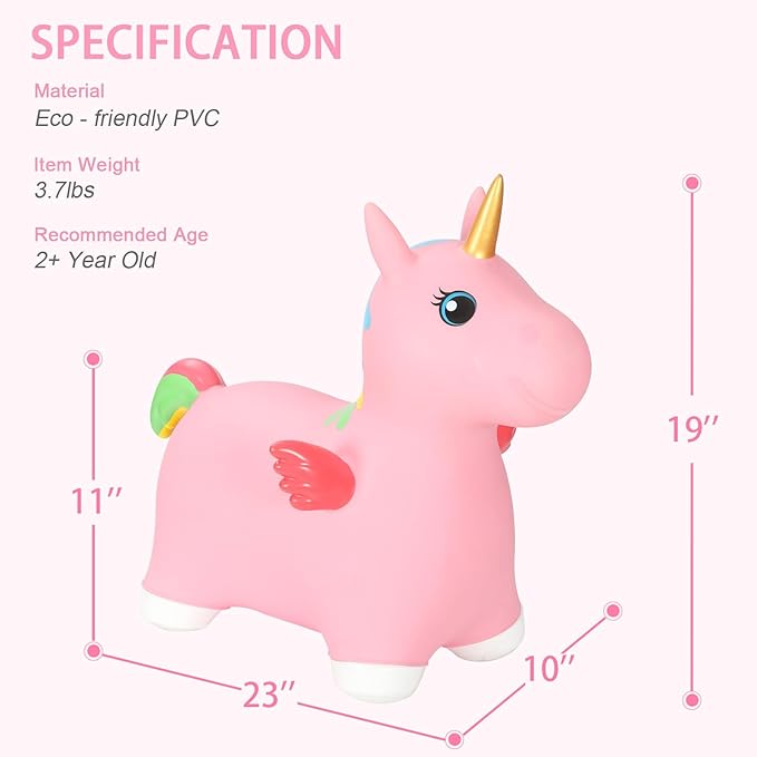 INPANY Unicorn Bouncy Horse Toys for 2 Year Old Girl, Toddler Girl Bouncing Animal Hopper Horse, Inflatable Hopping, Ride on Rubber Bouncer, Indoor Outdoor Baby Birthday Gifts for 3 4 Year Old Boys