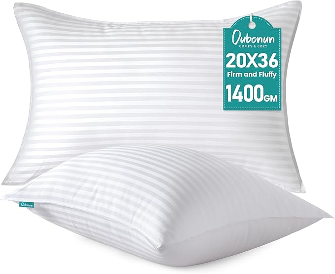Oubonun King Size Pillows Set of 2, 20 x 36 Inch | Fluffy & Supportive Down Alternative Pillows with Zippered Cotton Cover - Breathable and Cool for All Sleeping Positions
