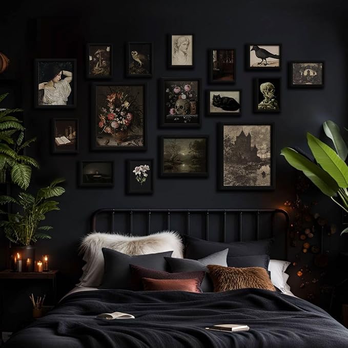 16 PCS Dark Academia Room Decor, Gothic Home Decor, Moody Wall Art Prints for Bedroom, Witchy Posters for Room Aesthetic, Wall Collage Kit Pictures for Living Room, Halloween Dorm Gallery Decor