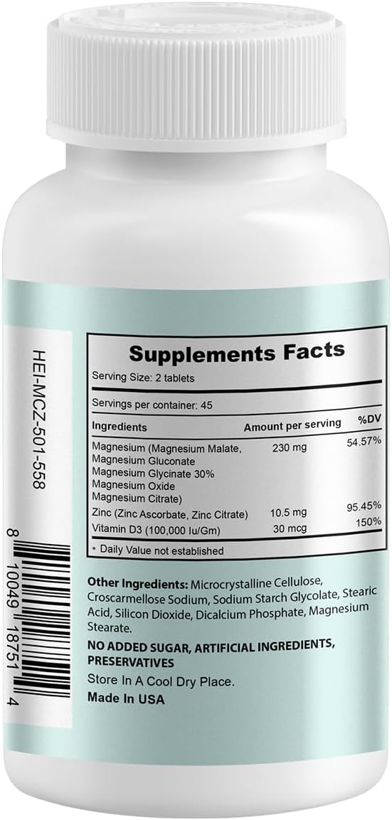 Heivy Magnesium Complex, Magnesium Glycinate, Citrate, Malate, Oxide, Gluconate with Zinc and Vitamin D3, Magnesium Supplement for Muscle, Nerve, Heart, Bone Support, High Absorption, 90 Tablets