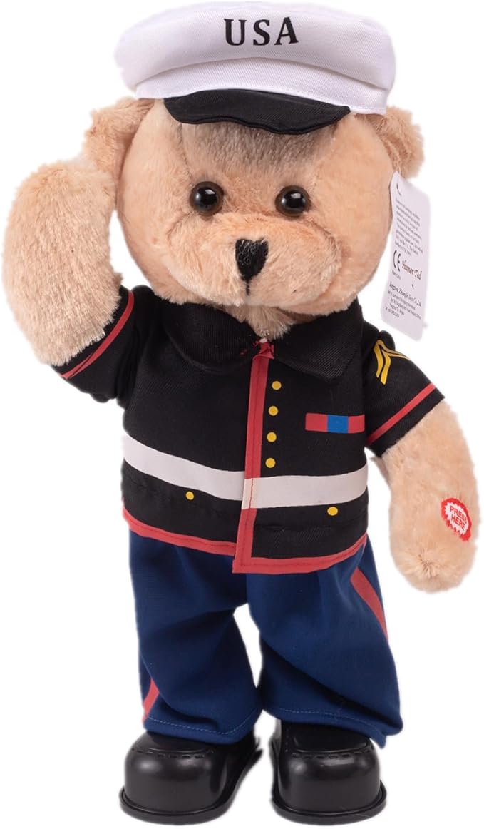 Singing Dancing Teddy Bear Stuffed Animals Children's Idol Military Hero Teddy Bear Stuffed Animal, US Army Theme Music Plush Toys,Independence Day Soldier Memorabilia Gifts for Kids 14"(Marine Bear)