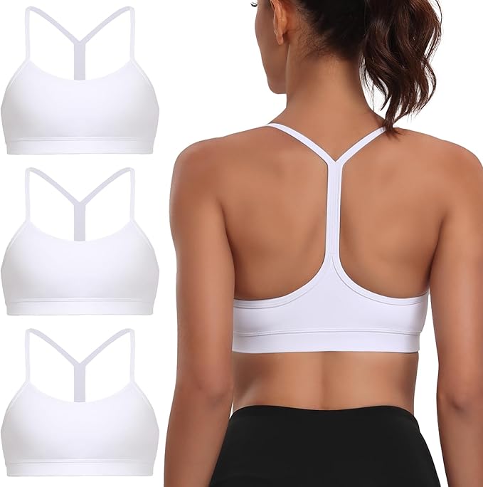 Raxnode Women's 3-Pack Y-Back Sports Bra, Thin Spaghetti Strap Nylon Yoga Bra with Removable Cups, Light Support Bralettes