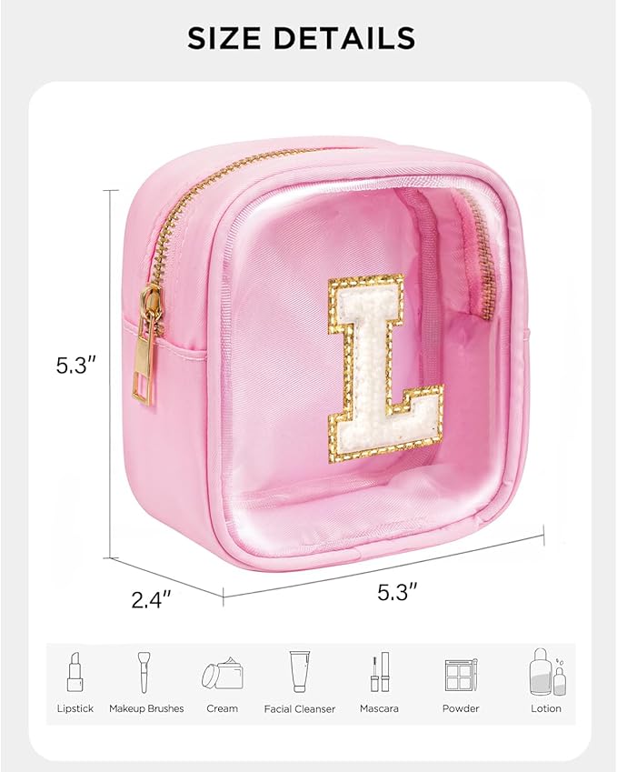 KOTORA Mini Initial Makeup Bag | Travel Toiletry Bag | Clear Makeup Bag | Travel Essentials Gifts for Women Teen Girlfriend Teacher Brithday Gifts | Clear Toiletry Bag Small Mini Cosmetic Bag Pink