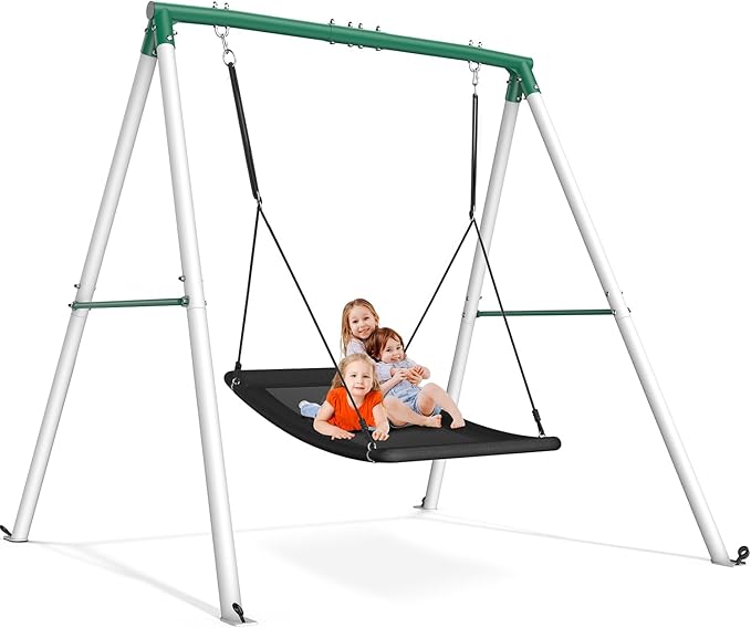 Trekassy Swing Sets for Backyard, 440lbs Heavy Duty A-Frame Metal Stand with 60" Large Platform Swing for Outdoor Playground Park（Green/White Frame + Black Swing）(Patented)