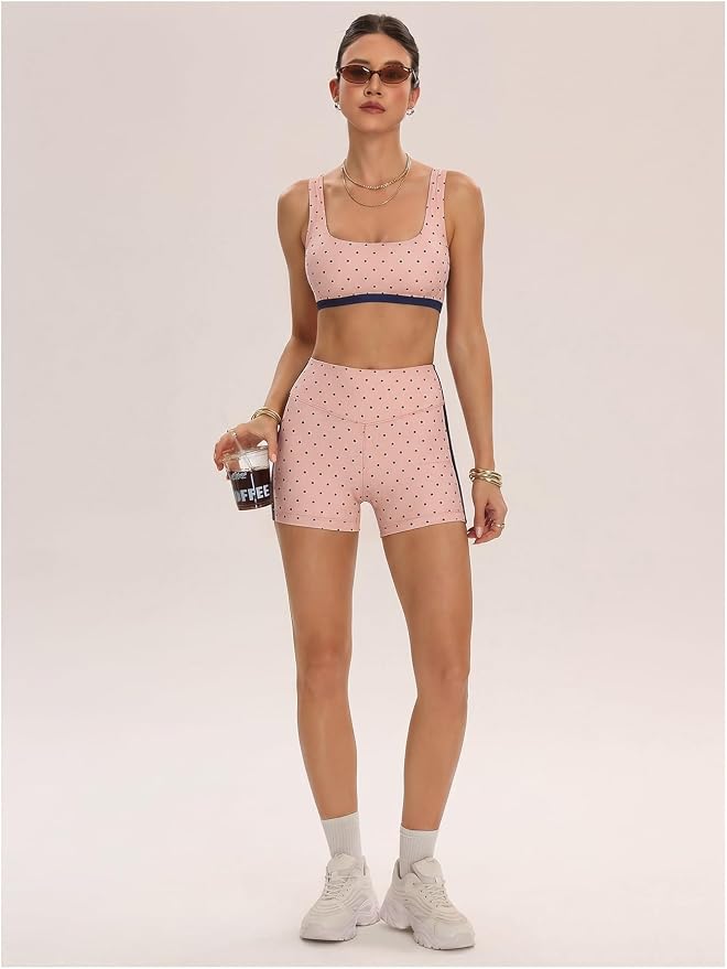Milumia Women's Polka Dots Workout Set 2 Piece Color Block Bra Tank High Waisted Biker Shorts Layered Matching Yoga Outfit