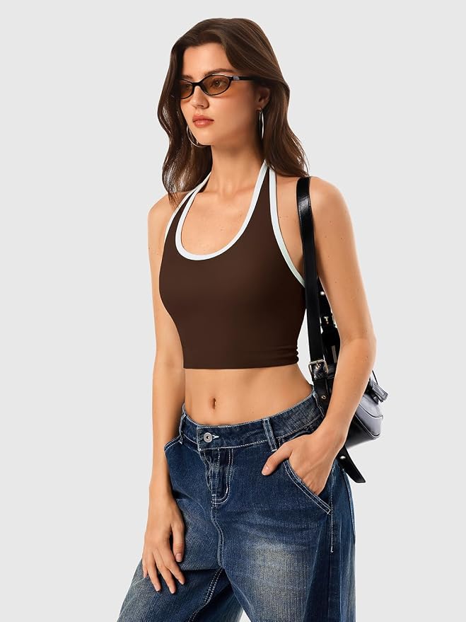 Halter Workout Top for Women: Open Back Sports Bra Color Block Tops with Built in Bra Yoga Gym Crop