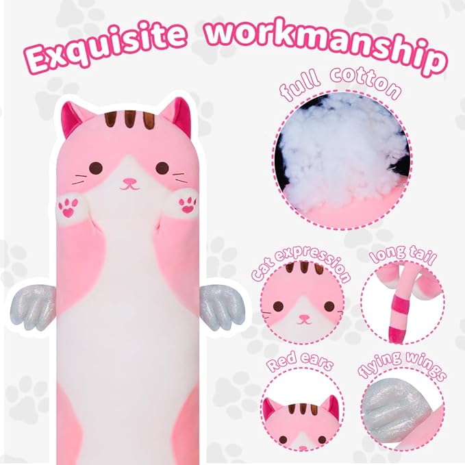 Long Plush Toy Cat Pillow Cute Plush Cat Toy Doll Stuffed Animal Cat Hugging Pillow for Sleeping Gift for Kids and Girls(Pink,70cm/27.5in)