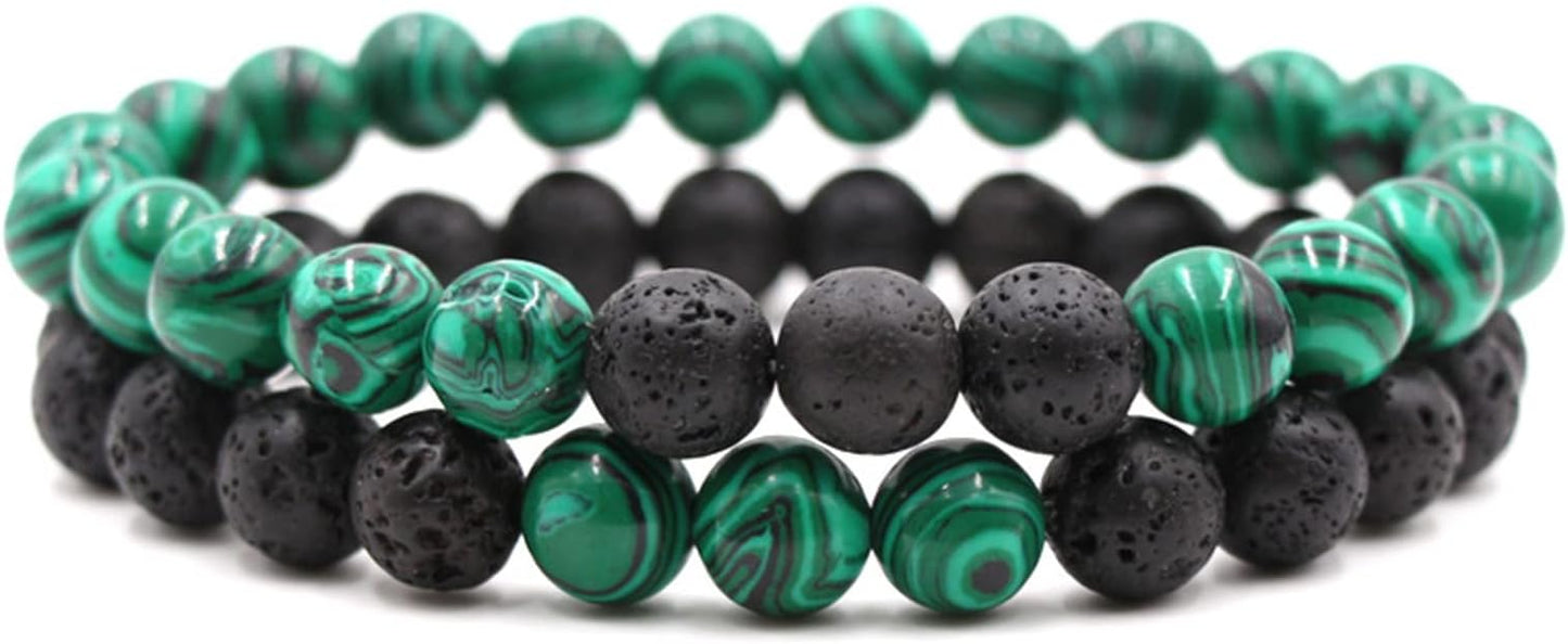Caiyao 2Pcs Matte Lava Rock Volcanic Stone Beads Stretch Bracelet Stacking Essential Oil Diffuser Tiger Eye Seed Energy Yoga Bracelet for Men Women Couple Stress Relief Healing Aromatherapy Jewelry