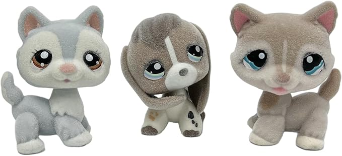 3pcs/Set Custom Flocked Pet Shop Toys Short Hair Cat Kitten Collie Great Dane Cocker Spaniel Dachshund Puppy Dog OOAK Compatible with LPS (#1012 and #2207 and #1930)