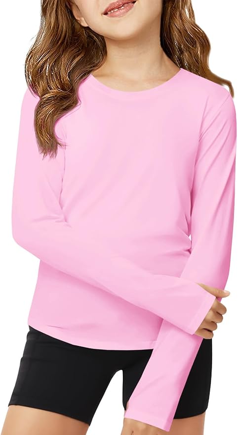 ZDC Girls Long Sleeve Athletic Shirts Kids Crewneck Quick Dry Workout Yoga Tops Basic Tees Activewear