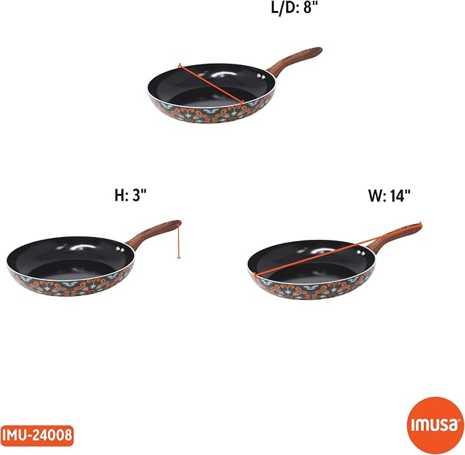 IMUSA 8 Inch Talavera Aluminum Black Ceramic Fry Pan with Woodlook Handle | Ceramic Nonstick, Glass Lid with Helper Handle, Deep Sauté Pan, Ideal for Family Cooking