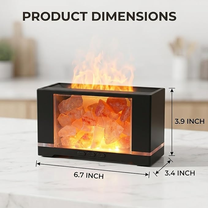 3 in 1 Ultrasonic Essential Oil Diffuser & Himalayan Salt Lamp, Flame Aromatherapy Diffuser Cool Mist Humidifier with 7 Color Lights, 100% Pure Pink Salt Rock, Auto-Off & Timer, 100ML (Black)