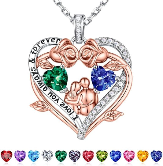 Iefil Valentines Gifts for Her Wife - 925 Sterling Silver Double Heart Birthstone Necklace, Anniversary Birthday Gifts for Women Wife Girlfriend