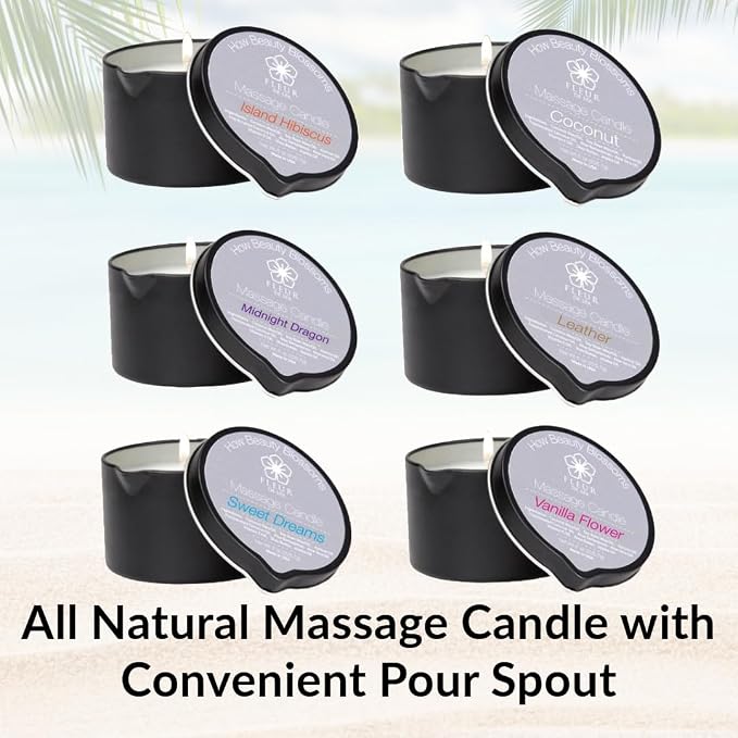 FLEUR DE SPA Massage Oil Candle – 6oz with Pour Spout – Made in USA – All Natural Coconut & Soy Blend – Melts to Warm, Alluring & Hydrating Body Oil – Perfect Spa & Gift Candle (Leather)