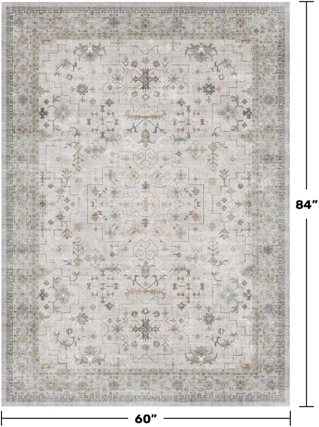 Hazo Haus Boho Washable 5x7 Living Room Rug - Neutral Light Gray & Sage Area Rugs for Nursery, Dining Under Table, Bedroom, Modern Vintage Eclectic Geometric Floral, Low Pile Stain Resistant