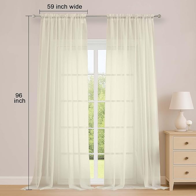 OWENIE Extra Long Cream Sheer Curtains 96 Inches Long 2 Panels Set, Soft Lightweight Airy Voile Sheer Curtain for Bedroom Living Room, Rod Pocket Solid Color Farmhouse Curtains, 59" Wx96 L Inch