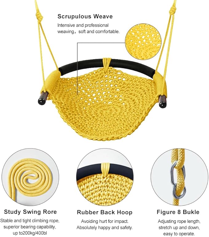 Hand-Knitting Toddler Swing, Swing Seat for Kids with Adjustable Ropes, Little tikes Swings Set, for Outdoor Indoor, Playground, Backyard (Yellow)