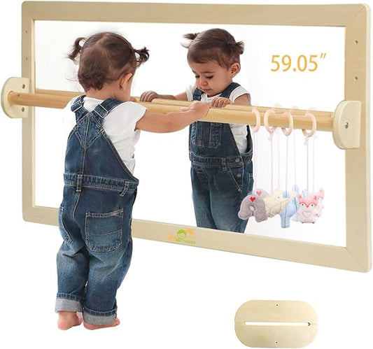 Infant Coordination Mirror Montessori Safety Pull up Bar Baby MirrorAcrylic Non-Glass Early Learning to Walk Mirror Upgrade Dual-Use with Base for Lengthened Version Hanging Toys 59.05”