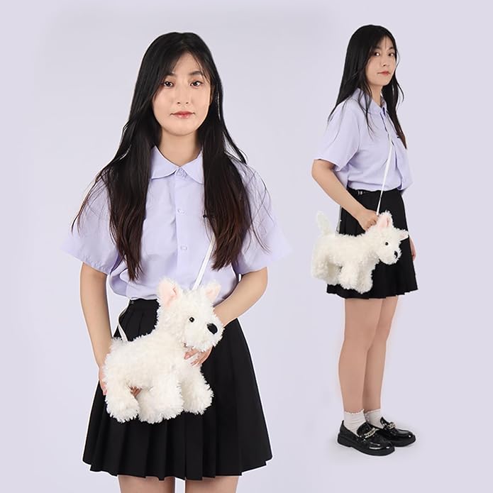 Apricot Lamb West Highland Dog Shaped Crossbody Plush Purse for Toddlers and Teen Girls, Stuffed Animal Shoulder Bag, Kids Fashion Handbags