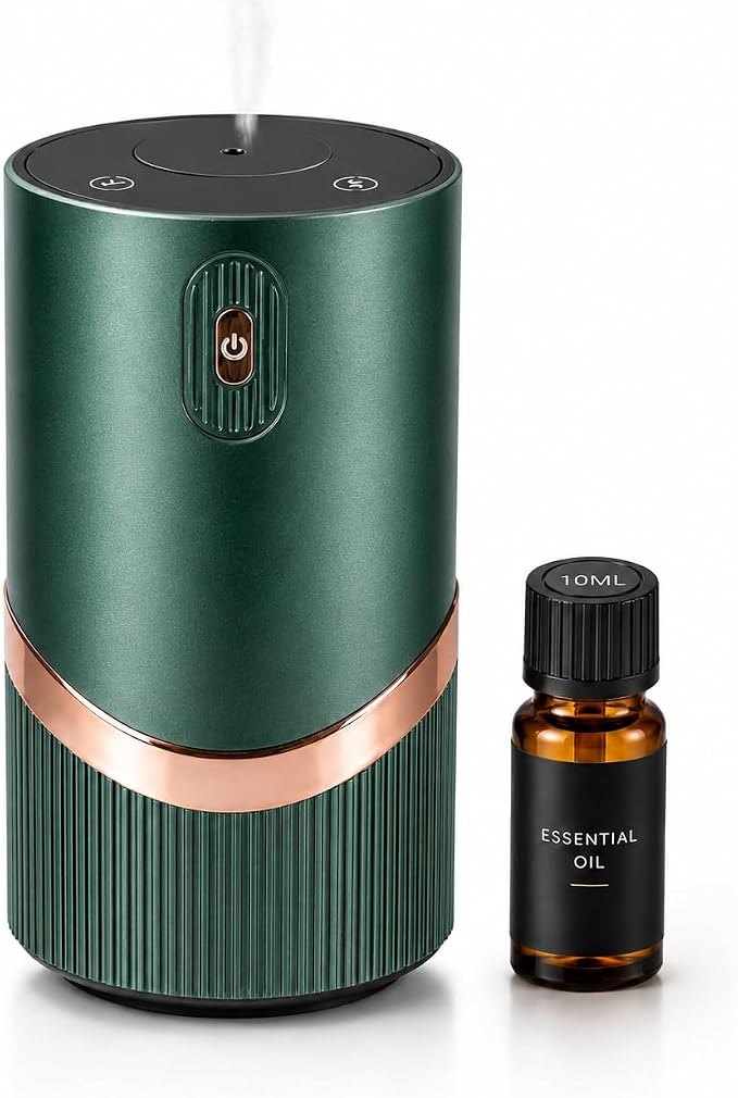 Waterless Essential Oil Diffuser, Mini Scent Air Machine Portable Diffuser for Home Car Office, Battery Operated Aromatherapy Diffuser with 10mL Hotel Scent Fragrance Oil, Timer & 4 Mist Levels, Green