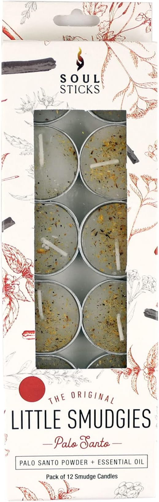 SOUL STICKS 12 Pack Little Smudgies Tealight Candles Smudge Candle for Cleansing House, Meditation, Chakra Healing | Made with Crystals and Herbs (Palo Santo)