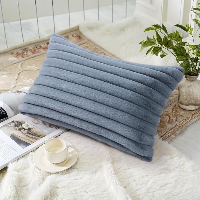 decorUhome Fall Faux Fur Throw Pillow Covers 12x20 Set of 2 Grey Blue | Decorative Soft Cozy Striped Plush Modern Farmhouse Boho Couch Pillow Cases Velvet Back for Sofa Bed Living Room Home Decor