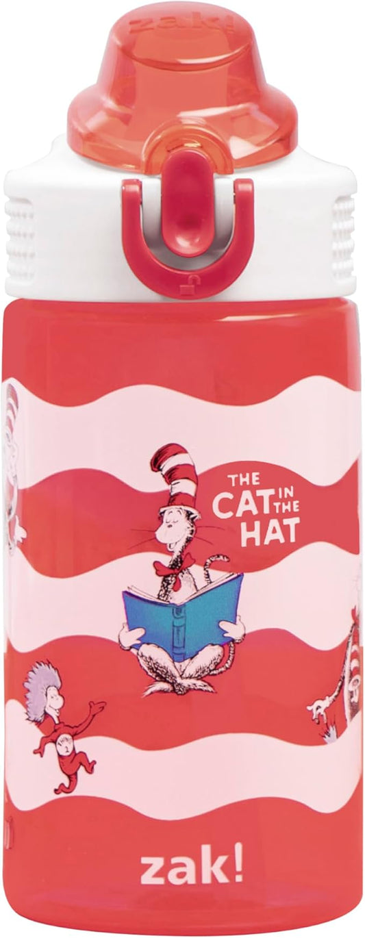 Zak Designs Dr. Seuss Sage Kids Water Bottle For School or Travel, 16oz Durable Plastic Water Bottle With Straw, Handle, and Leak-Proof, Pop-Up Spout Cover (The Cat in the Hat)