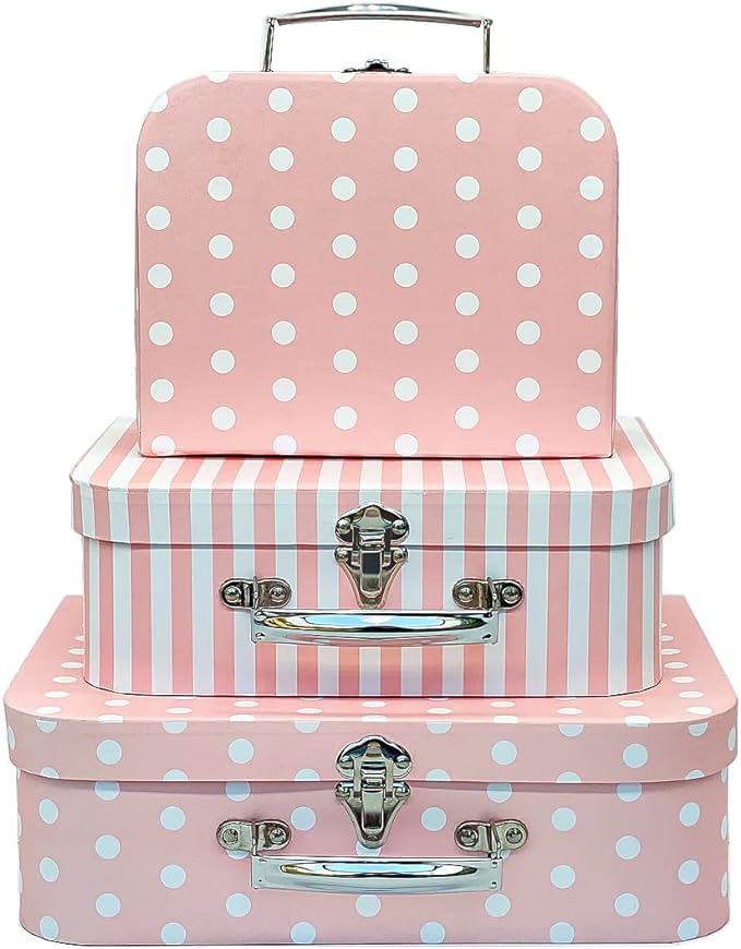 Paperboard Suitcases Set of 3 Decorative Boxes, Compatible with Barbie Storage Organizer, Doll Clothes, Toys, Photos, Accessories, Hat, Cute Storage Gift Boxes for Kids Girls Home Decoration