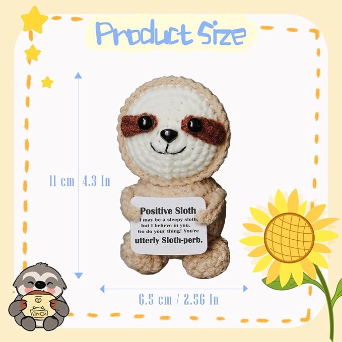 Sloth Gifts, Crochet Positive Support Sloth– Handmade Emotional Cheer Support Funny Sloth Gifts for Friend Coworker Birthday Christmas Stocking Stuffer White Elephant Under 10 Dollars