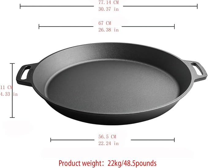 LI-GELISI 26-inch cast iron frying pan with double auxiliary handles, nitrogen-treated for rust resistance, suitable for stoves/grills/campfires, heavy-duty frying pan for outdoor cooking